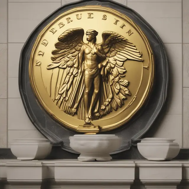 An oracle-like figure representing the Federal Reserve skillfully adjusts gold scales to maintain economic balance through monetary policy.