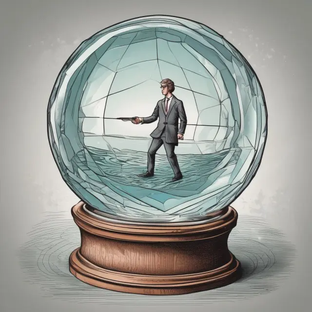 A crystal ball filled with water representing monetary policy and a hammer in hand symbolizing fiscal policy, signifying their coordinated role in shaping the economy