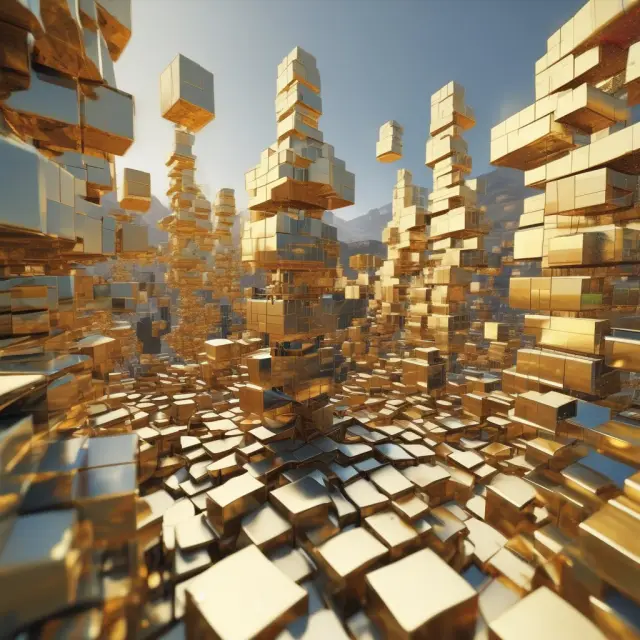 Architects constructing a city in the metaverse using golden blocks, representing the monetization of virtual real estate