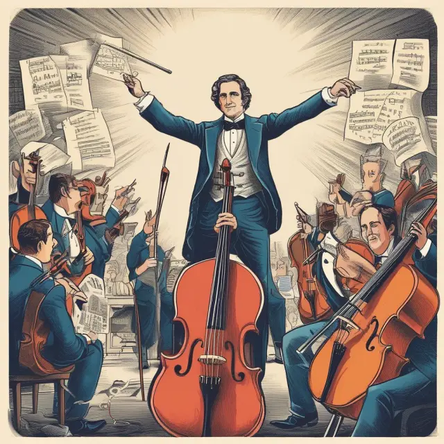 A conductor, as a metaphor for monetization, leading various revenue streams (website, social media, government debt, and emerging opportunities) in harmony to create financial growth.