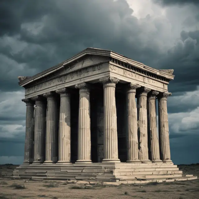An image of four sturdy columns representing money center banks amidst turbulent waters and strong winds, symbolizing their resilience during the 2008 financial crisis