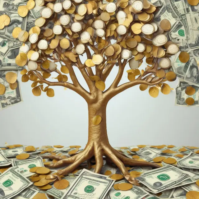 A lush money tree with gold leaves symbolizing dividends from money center banks