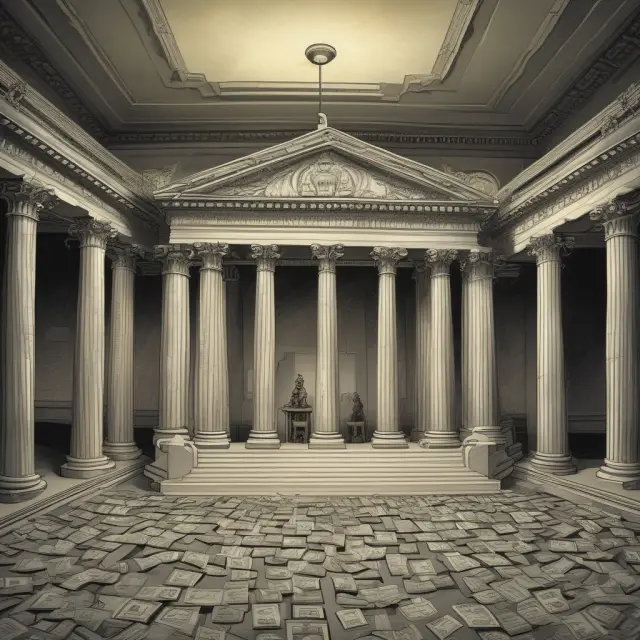 A scene of money center banks as powerful and radiant pillars holding up a stable economy, symbolizing their significance before the global financial crisis.