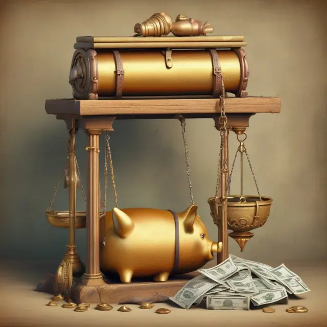 An image of an ancient scale, displaying a piggy bank for payments, a treasure chest for residual value, and a credit score scroll affecting the balance through the money factor