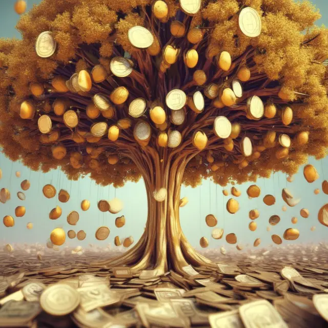 A golden tree bearing diverse short-term financial instruments as its fruit, symbolizing the various securities in the money market yield.