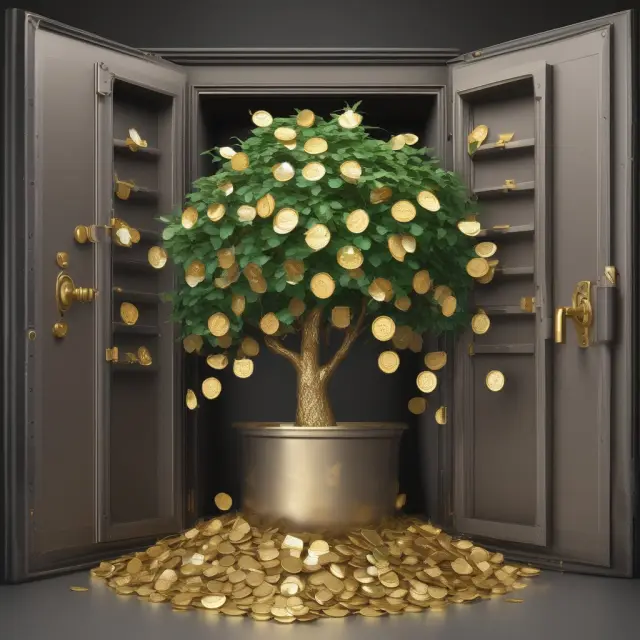 Golden money tree bursting with checkbook-emblem coins in a secure bank vault, symbolizing the growth of funds in a money market account