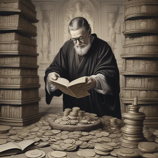 An ancient librarian sorts gold coins and financial documents in a library, illustrating the role of Money Market Funds as protectors of investors