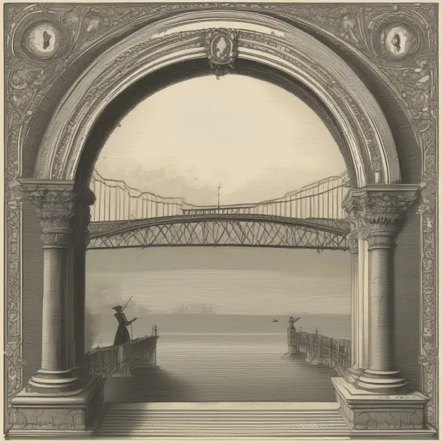 An old hand reaching across a bridge to another, exchanging money orders symbolizing secure transactions across time and borders