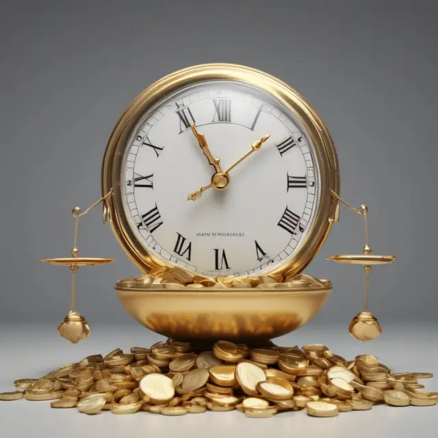 A golden scale with weighing fees on one side and a clock ticking away, accompanied by an overflowing bowl of gold coins representing limitations and costs associated with money orders.