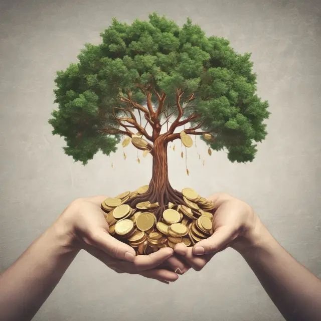 Person buying a money order, depicted as a tree growing gold coins