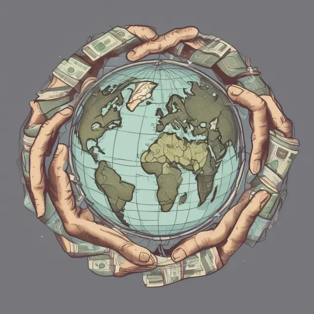 Hands of various countries exchange international money orders around a global sphere
