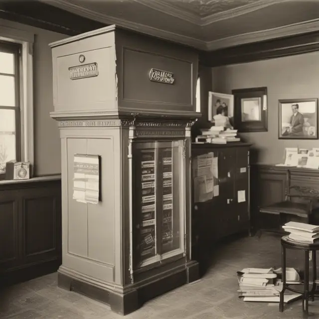 A vintage post office scene showing a time capsule filled with money orders, representing their versatile uses and lasting significance