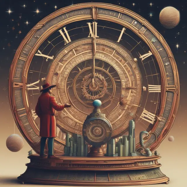 A person manipulating the hands of a cosmic clock to illustrate changes in cash flows, demonstrating the concept of Money-Weighted Rate of Return