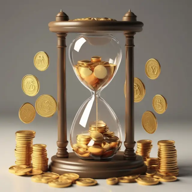 Golden coins flowing through an hourglass, representing the properties of money - fungible, durable, portable, recognizable, and stable.