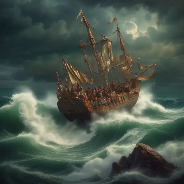 Merchants trading gold and silver coins at sea during a storm, emphasizing their resilience as market-determined money.