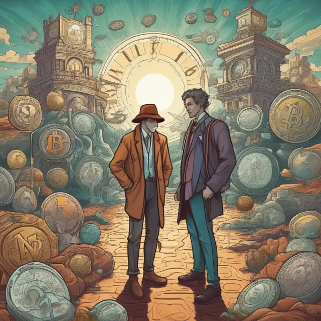 Time traveler exploring historical coins and emerging digital currencies on a journey through the evolution of money.