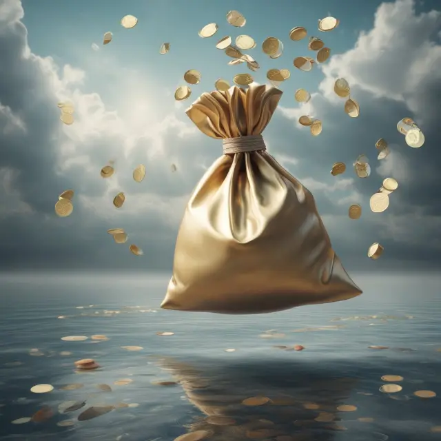 Golden money bag with floating coins above a flowing river, illustrating the concept of money illusion in economics