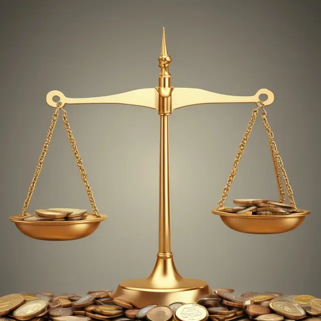 A set of golden scales balancing inflation and employment, with coins symbolizing their interplay in economic policy.