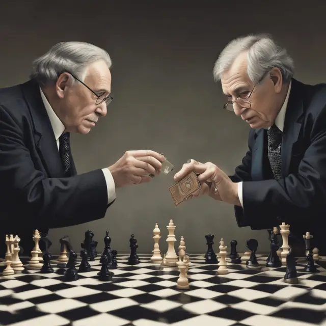 Nobel laureates in economic theory play a game of chess surrounded by inflating currencies representing the influence of money illusion on their perceptions