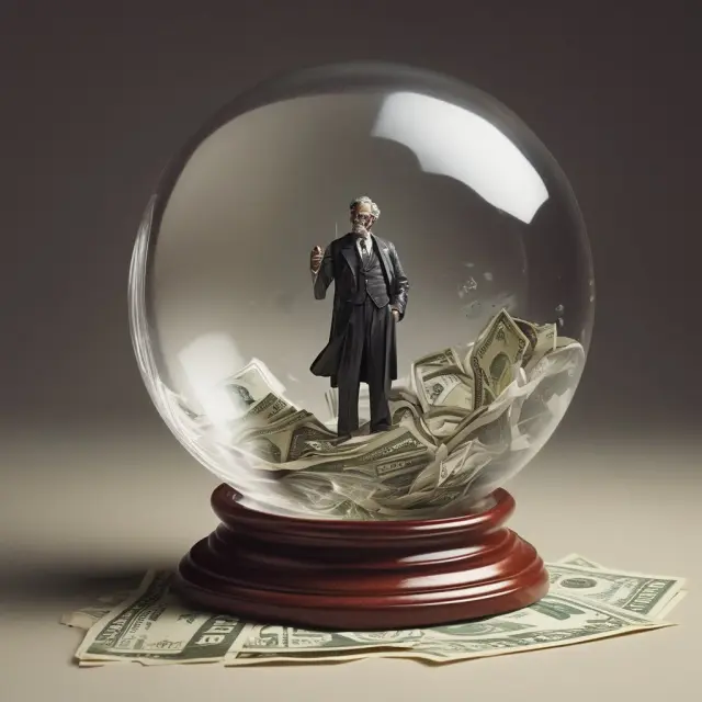 Irving Fisher examines a crystal ball filled with gold coins, revealing answers to frequently asked questions about money illusion