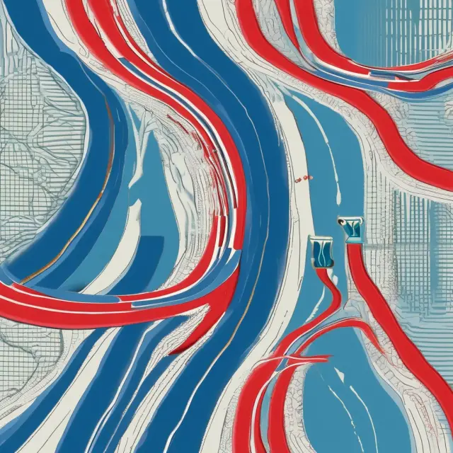 Visualization of positive money flow (blue) and negative money flow (red) merging, representing buying and selling activities in stock trading