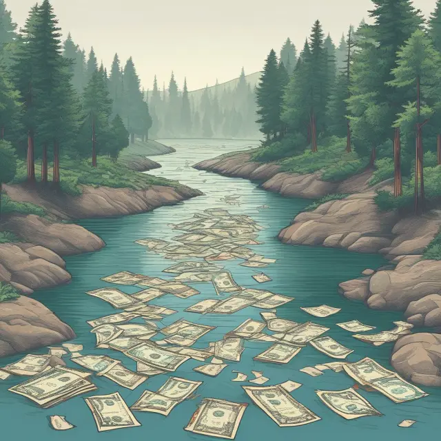 Visualization of money flow analysis as a serene river, with investor sentiment depicted as water currents that reveal trends and market opportunities