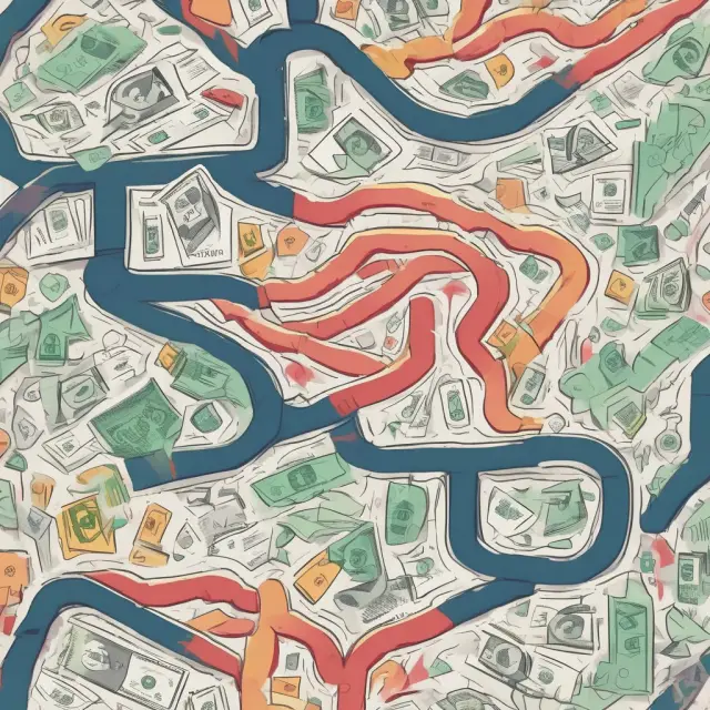 An intricate maze filled with financial charts and indicators reveals answers to frequently asked questions about money flow