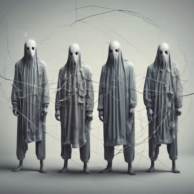 Three ethereal figures, representing placement, layering, and integration, interweaving complex financial transactions to obscure illicit funds