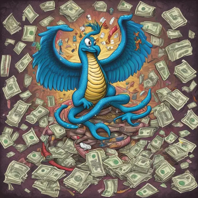 Money snake sheds ill-gotten scales, transforming into a phoenix surrounded by smurfs depositing cash, shell companies, gambling dice, and counterfeit bills