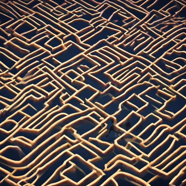 A person in the shadows maneuvering through an intricate internet maze, utilizing online banking, payment services, peer-to-peer transfers, and cryptocurrencies to launder illicit funds.