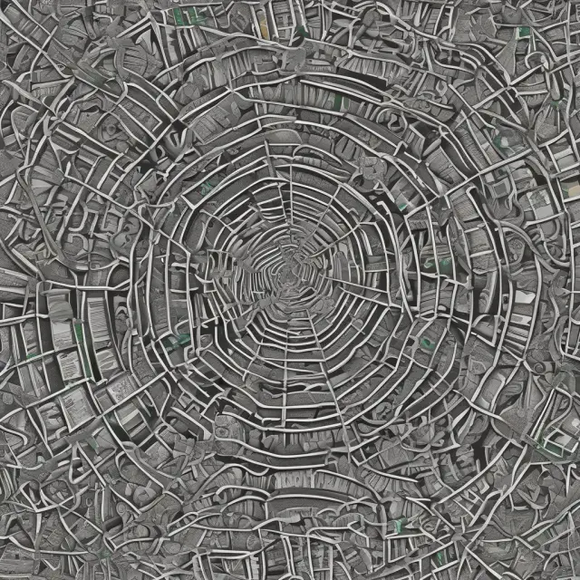 An intricate web of money laundering techniques, illustrated with hidden layers and deceptive mirages.