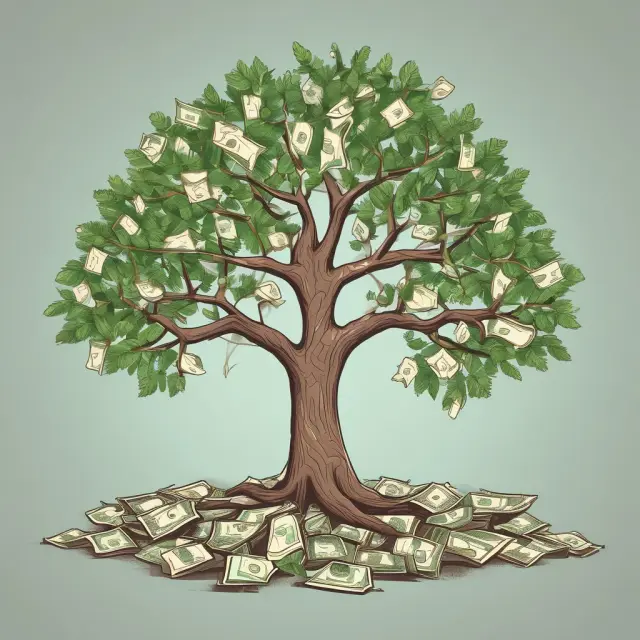 A blooming wealth tree with branches symbolizing income, investment, savings, and spending, emphasizing effective money management