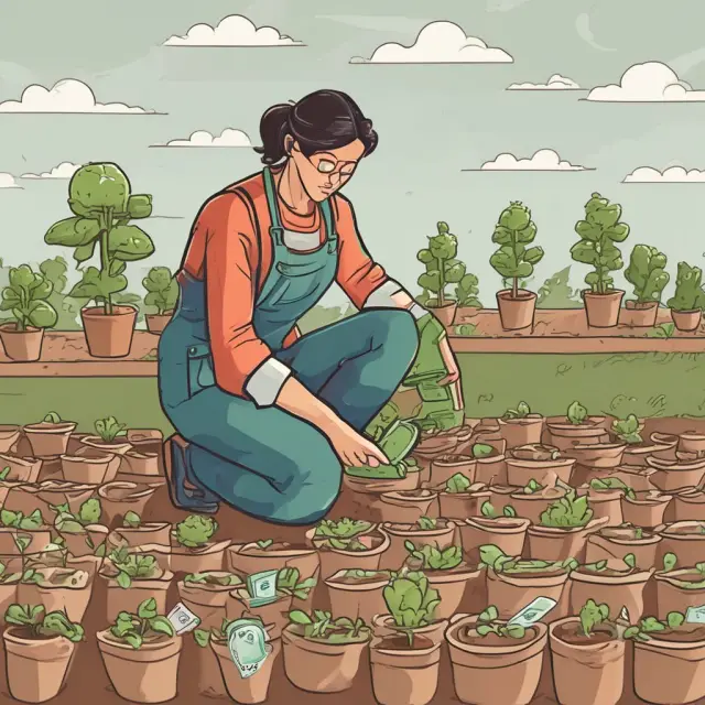 A digital gardener carefully tends to a lush garden filled withcurrency pots and seedlings, illustrating the role of personal finance apps in money management.