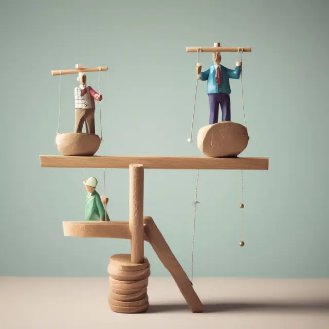 Visual representation of active (blue side) and passive (red side) investment funds balancing on a seesaw, symbolizing their roles in money management.