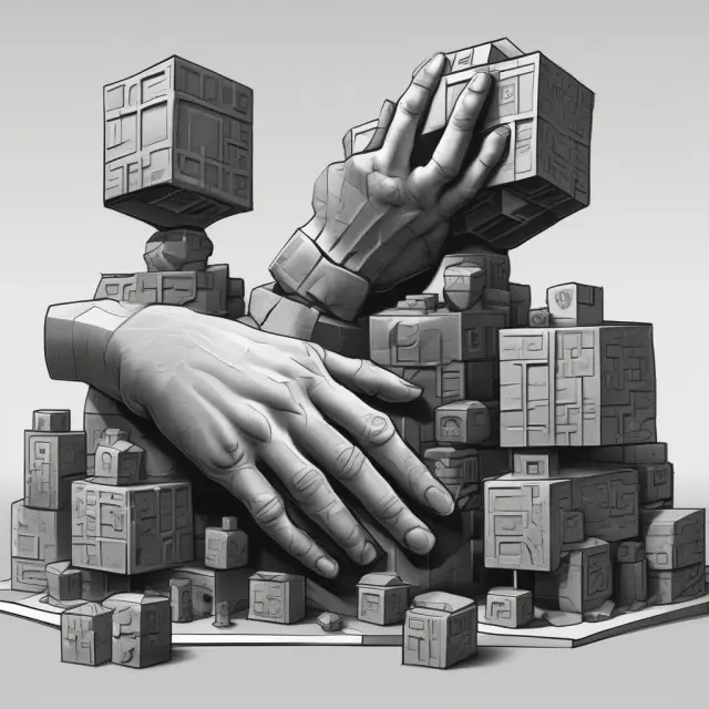 Three giants, symbolizing BlackRock, Vanguard, and Fidelity, shaping the future of asset management with their interconnected cubes