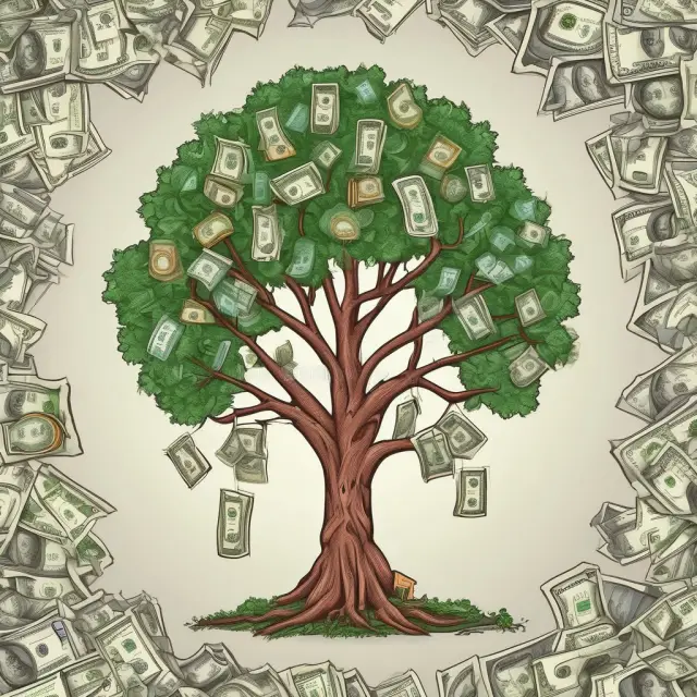 A flourishing money tree symbolizing the principles of money management: income (branches), savings (roots), investing (fruits), and spending (leaves).