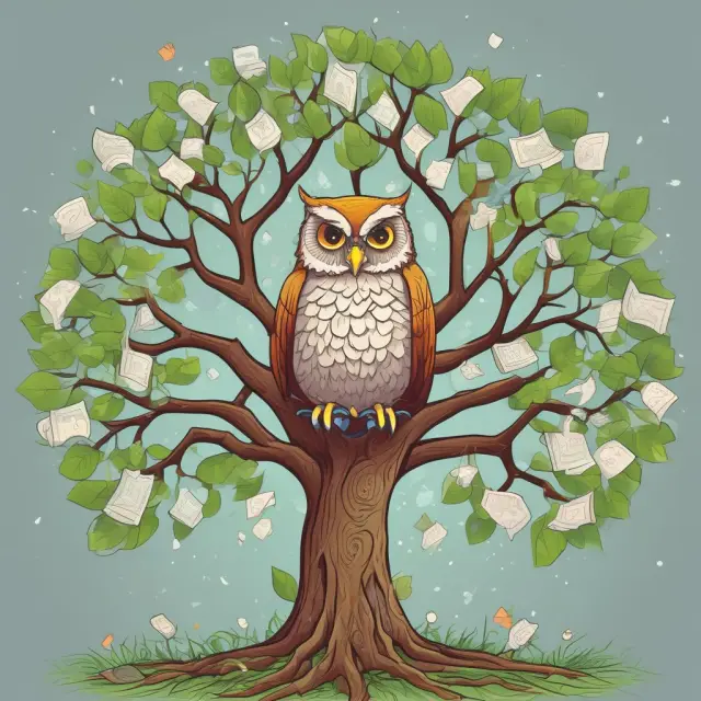 A prosperous tree with branches representing income, savings, investments, and spending, nurtured by the wise owl of financial planning