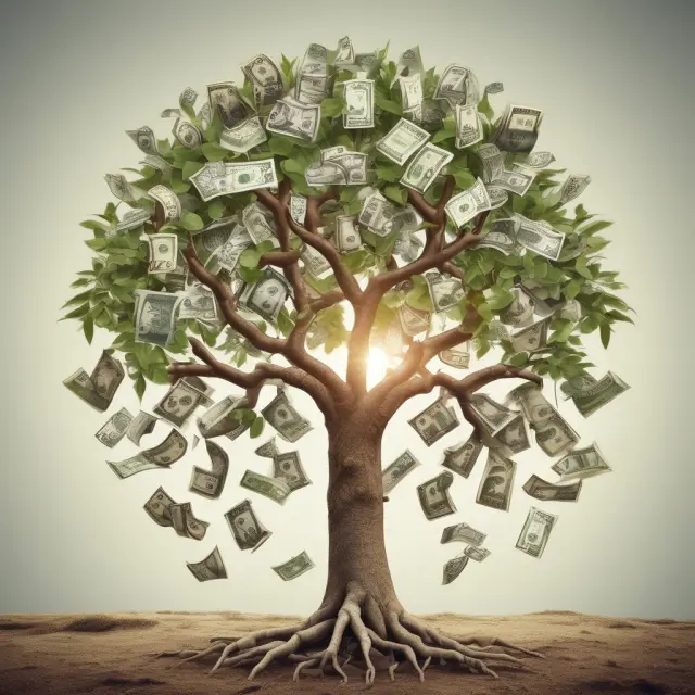 Image of a stylized tree growing from a pot filled with coins. Its roots reach into various global markets, and branches bloom with investment opportunities.