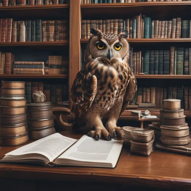 An owl holds financial documents with an analytical expression, representing a money manager