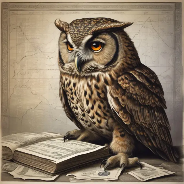 A wise owl in a suit consults financial charts and graphs while holding a map to represent the guidance provided by money managers