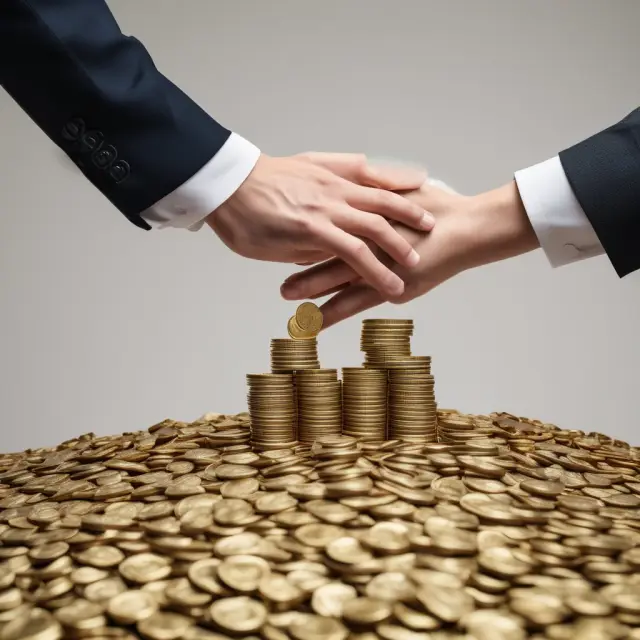 Two hands exchanging gold coins symbolizing management fees and performance fees between clients and a money manager