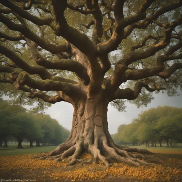 An ancient oak tree with gold apples labeled JPMorgan Asset Management, symbolizing diverse investment offerings and clients