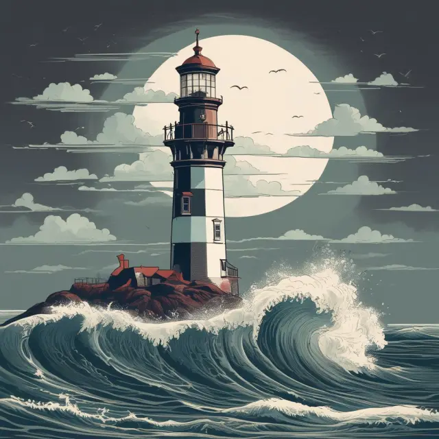 Two individuals symbolizing renowned money managers Warren Buffett and Bruce Berkowitz, depicted as lighthouses guiding investors through the tumultuous financial seas