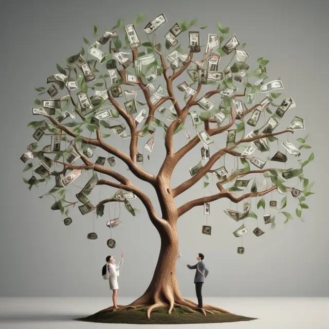 A vibrant money tree symbolizes different investors collaborating with skilled money managers to cultivate wealth