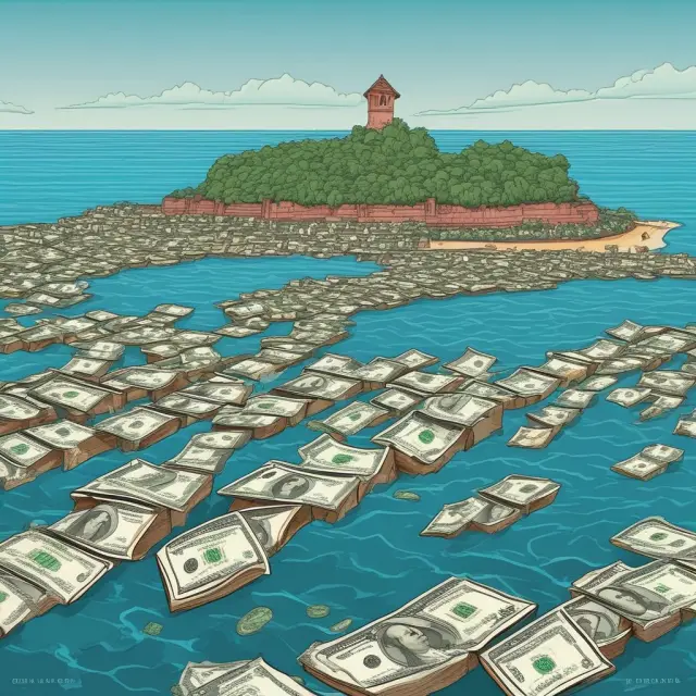 An image depicting a tranquil ocean with islands symbolizing safe investment opportunities, surrounded by waves representing money market funds and their liquid nature