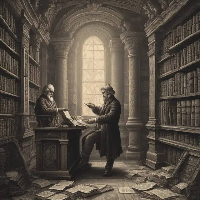 A wise financier sits before an ancient library filled with books representing frequently asked questions about money markets