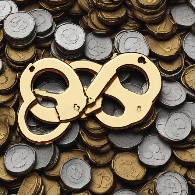 A golden handcuff encircling a mound of coins represents the transactional limitations and fees associated with money market accounts