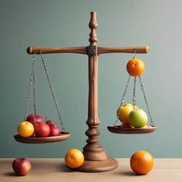 A balanced scale with an apple (for a savings account) on one side and an orange (for a money market account), emphasizing the comparison between these two financial products.