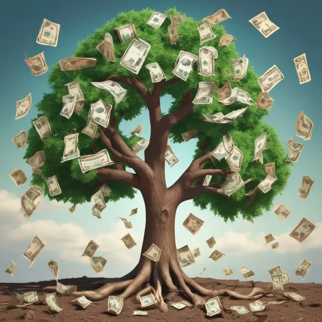 A money tree flourishing economy with interest rates as branches, inflation as changing seasons, investment as ripe fruits, and employment as green leaves.