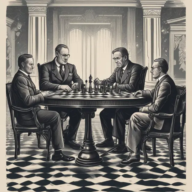 A central banker making moves on a giant chessboard, symbolizing the use of Open Market Operations, Discount Rate, and Quantitative Easing for economic control.